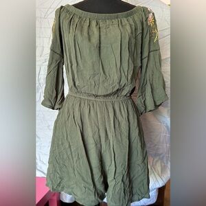 Love Fire Green off shoulder romper with 3/4 Sleeves